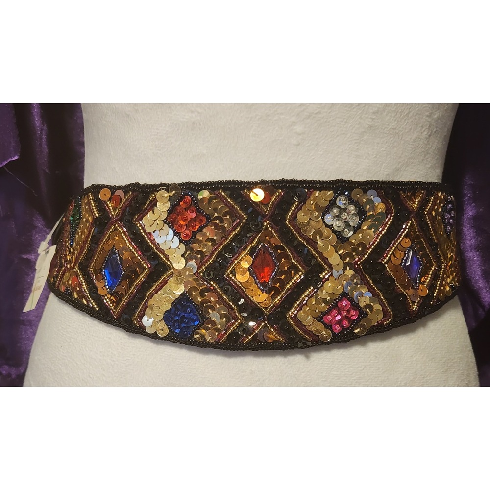Vintage Milor Beaded Sequin Harlequin Diamond Waist Belt Black Gold Multi Size M